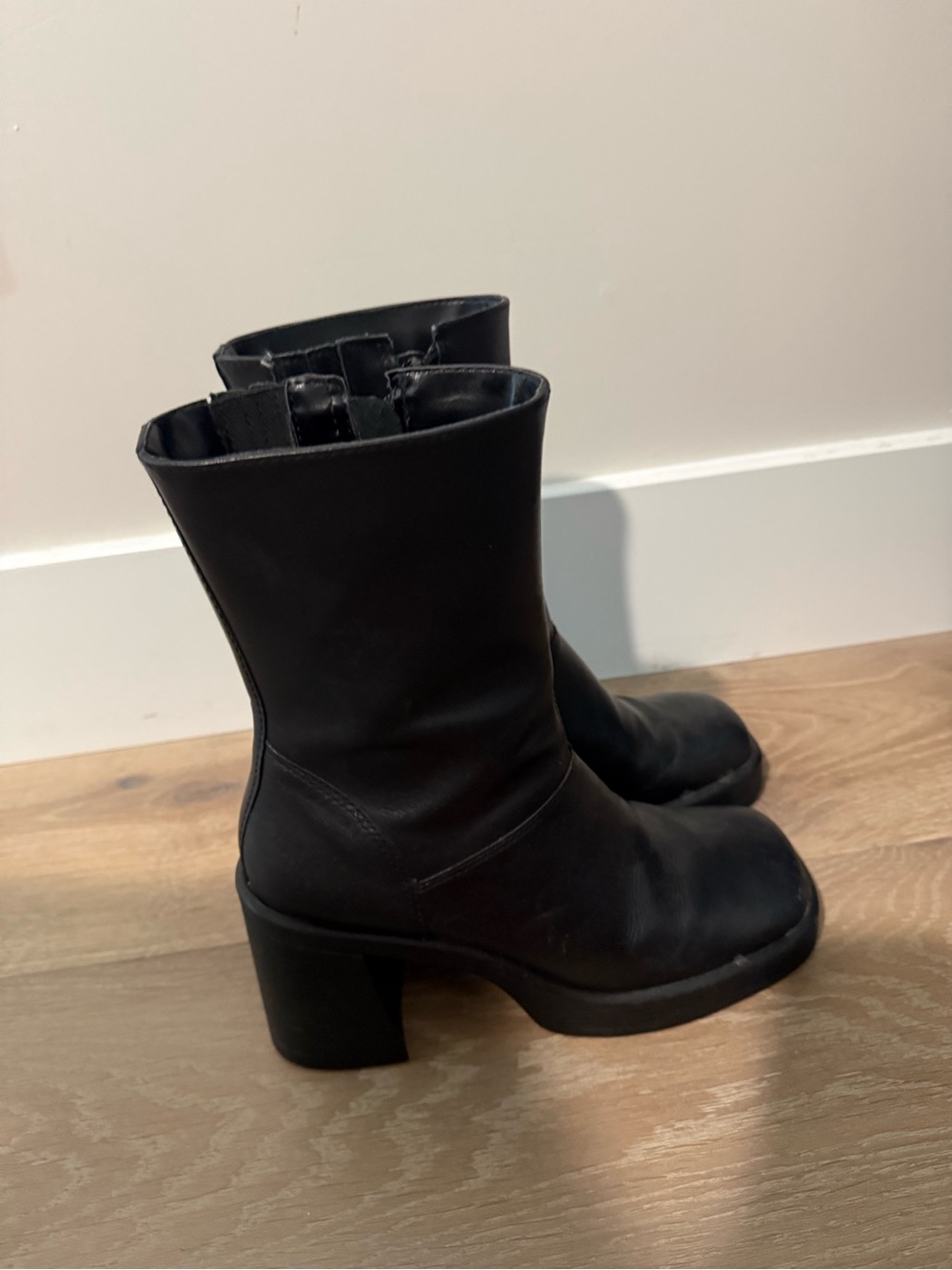 Steve Madden Black Leather Mid-Calf Zip Ankle Boots - Picture 4 of 5